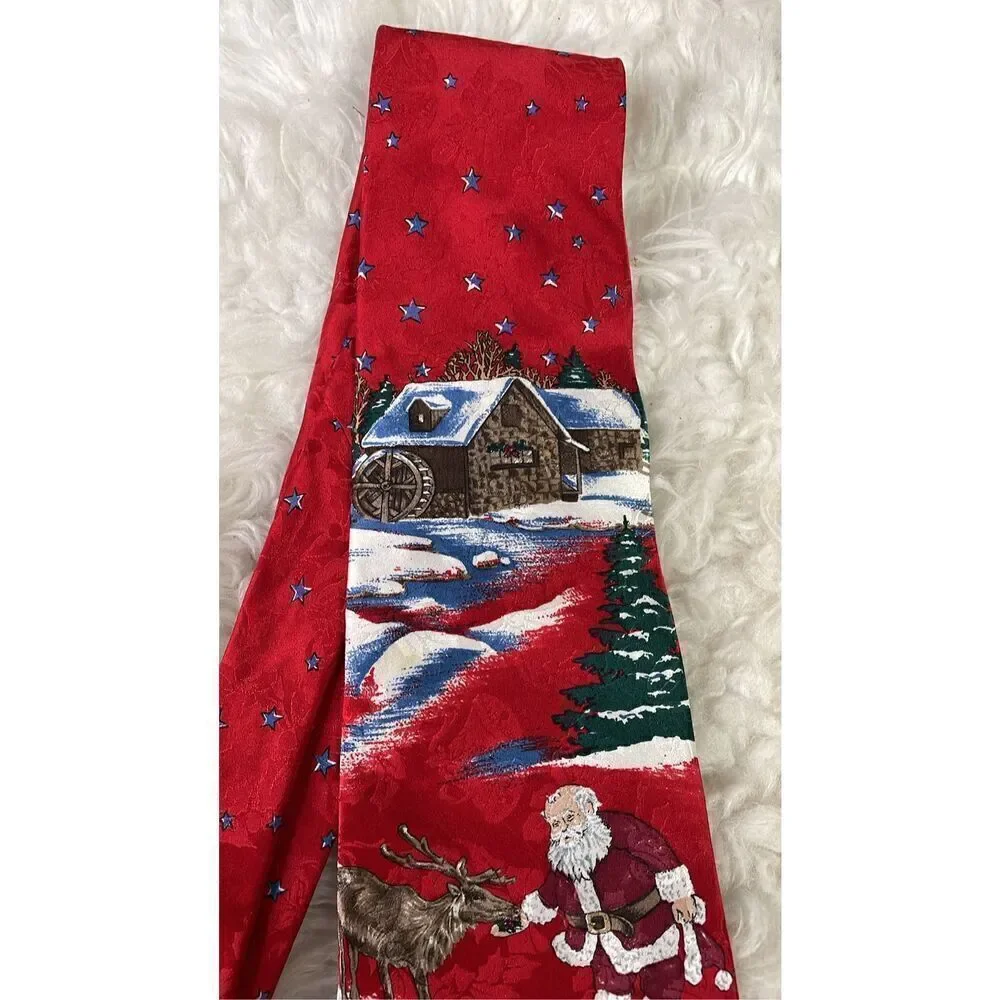 TOWNCRAFT Men’s Silk Christmas Dress Tie Santa Feeding Reindeer Vintage 46” Red